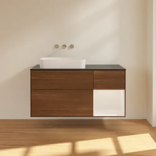 VILLEROY BOCH Toaletní skříňka Finion, s osvětlením, 3 výsuvy, 1200 x 603 x 501 mm, ořechová dýha / lesklý bílý lak / sklo černé matné #F692GFGN, obrázek 2