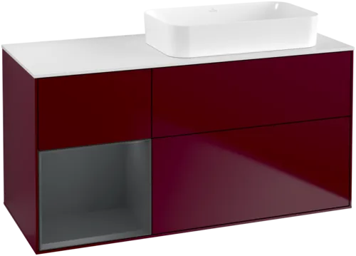 VILLEROY BOCH Toaletní skříňka Finion, s osvětlením, 3 výsuvy, 1200 x 603 x 501 mm, Pivoňka matný lak / Půlnoční modrá matný lak / Sklo bílé matné #F681HGHB