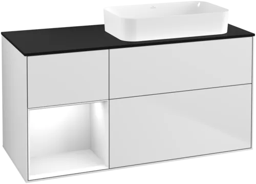 VILLEROY BOCH Toaletní skříňka Finion, s osvětlením, 3 výsuvy, 1200 x 603 x 501 mm, bílý matný lak / bílý lesklý lak / černé matné sklo #F682GFMT