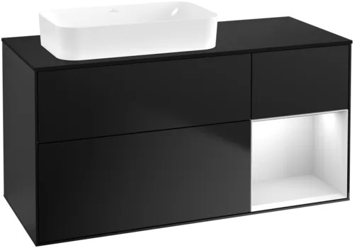 VILLEROY BOCH Toaletní skříňka Finion, s osvětlením, 3 výsuvy, 1200 x 603 x 501 mm, černý matný lak / bílý matný lak / černé matné sklo #F692MTPD