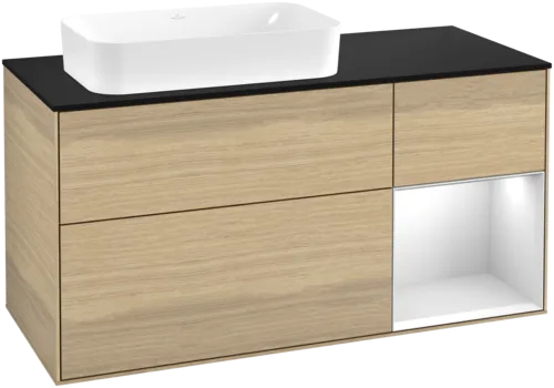VILLEROY BOCH Toaletní skříňka Finion, s osvětlením, 3 výsuvy, 1200 x 603 x 501 mm, dubová dýha / bílý matný lak / černé matné sklo #F692MTPC
