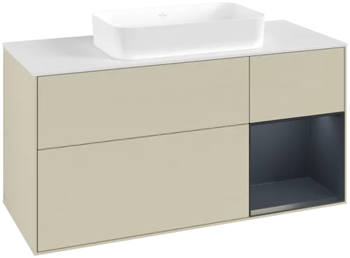 VILLEROY BOCH Toaletní skříňka Finion, s osvětlením, 3 výsuvy, 1200 x 603 x 501 mm, hedvábně šedý matný lak / půlnočně modrý matný lak / bílé matné sklo #F711HGHJ