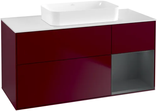 VILLEROY BOCH Toaletní skříňka Finion, s osvětlením, 3 výsuvy, 1200 x 603 x 501 mm, Pivoňka matný lak / Půlnoční modrá matný lak / Sklo bílé matné #F711HGHB