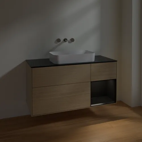 VILLEROY BOCH Toaletní skříňka Finion, s osvětlením, 3 výsuvy, 1200 x 603 x 501 mm, dubová dýha / černý matný lak / černé matné sklo #F712PDPC, obrázek 4