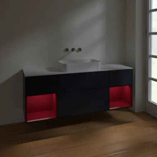 VILLEROY BOCH Toaletní skříňka Finion, s osvětlením, 4 výsuvy, 1600 x 603 x 501 mm, Midnight Blue Matt Lacquer / Peony Matt Lacquer / Glass White Matt #F741HBHG, obrázek 5