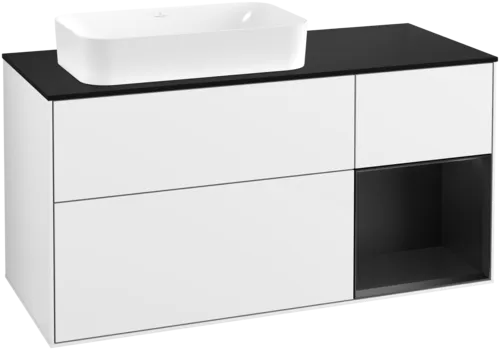 VILLEROY BOCH Toaletní skříňka Finion, s osvětlením, 3 výsuvy, 1200 x 603 x 501 mm, lesklý bílý lak / černý matný lak / černé matné sklo #F692PDGF