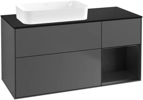 VILLEROY BOCH Toaletní skříňka Finion, s osvětlením, 3 výsuvy, 1200 x 603 x 501 mm, antracitový matný lak / černý matný lak / černé matné sklo #F692PDGK