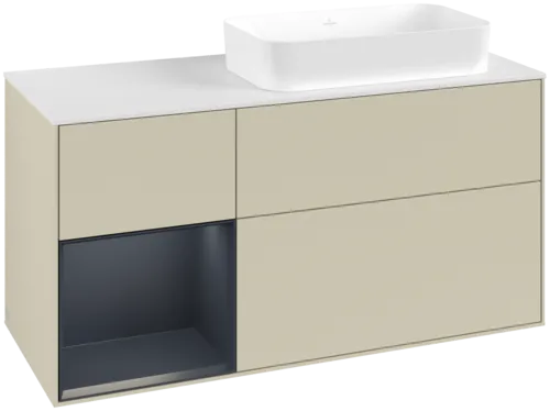 VILLEROY BOCH Toaletní skříňka Finion, s osvětlením, 3 výsuvy, 1200 x 603 x 501 mm, hedvábně šedý matný lak / půlnočně modrý matný lak / bílé matné sklo #F681HGHJ