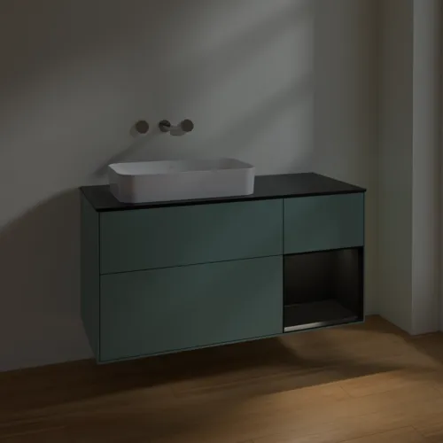 VILLEROY BOCH Toaletní skříňka Finion, s osvětlením, 3 výsuvy, 1200 x 603 x 501 mm, olivový matný lak / černý matný lak / černé matné sklo #F692PDGM, obrázek 4