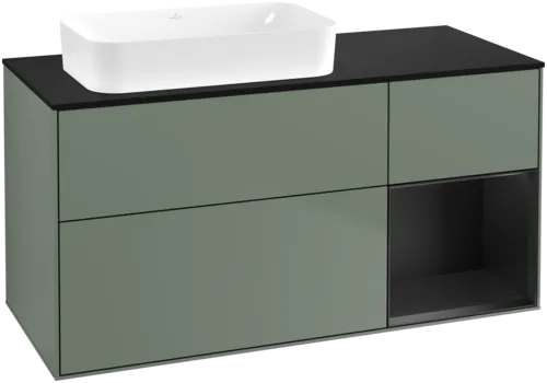 VILLEROY BOCH Toaletní skříňka Finion, s osvětlením, 3 výsuvy, 1200 x 603 x 501 mm, olivový matný lak / černý matný lak / černé matné sklo #F692PDGM