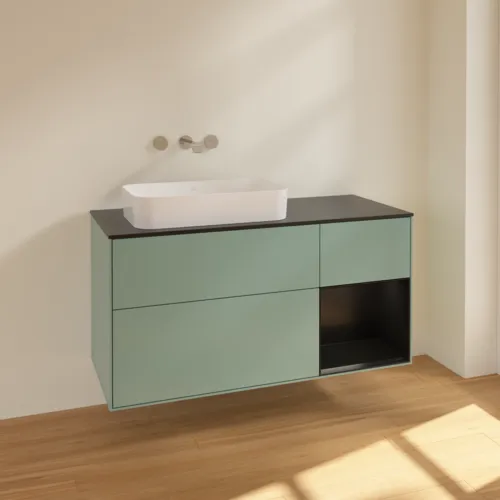 VILLEROY BOCH Toaletní skříňka Finion, s osvětlením, 3 výsuvy, 1200 x 603 x 501 mm, olivový matný lak / černý matný lak / černé matné sklo #F692PDGM, obrázek 2