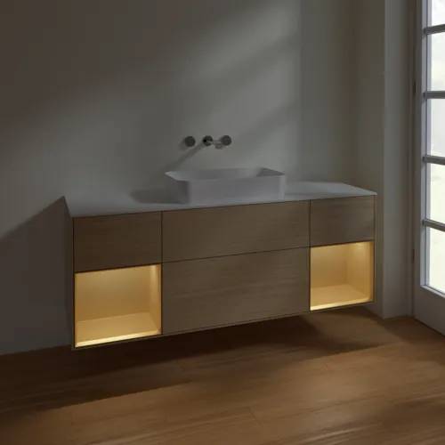 VILLEROY BOCH Toaletní skříňka Finion, s osvětlením, 4 výsuvy, 1600 x 603 x 501 mm, dubová dýha / zlatý matný lak / bílé matné sklo #F741HFPC, obrázek 5