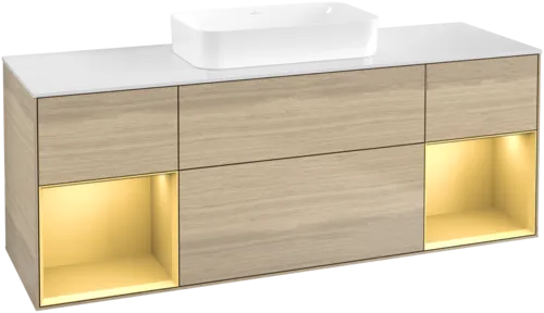 VILLEROY BOCH Toaletní skříňka Finion, s osvětlením, 4 výsuvy, 1600 x 603 x 501 mm, dubová dýha / zlatý matný lak / bílé matné sklo #F741HFPC