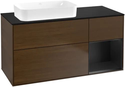 VILLEROY BOCH Toaletní skříňka Finion, s osvětlením, 3 výsuvy, 1200 x 603 x 501 mm, ořechová dýha / černý matný lak / černé matné sklo #F692PDGN