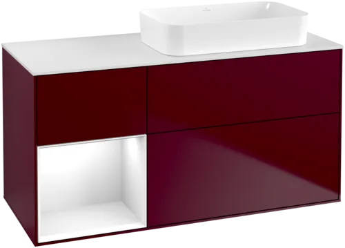 VILLEROY BOCH Toaletní skříňka Finion, s osvětlením, 3 výsuvy, 1200 x 603 x 501 mm, matný lak Peony / lesklý bílý lak / matné bílé sklo #F681GFHB
