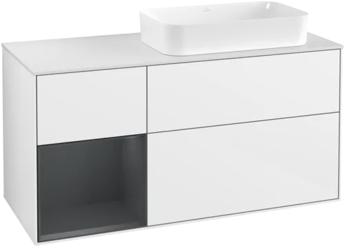 VILLEROY BOCH Toaletní skříňka Finion, s osvětlením, 3 výsuvy, 1200 x 603 x 501 mm, lesklý bílý lak / půlnoční modrý matný lak / bílé matné sklo #F681HGGF