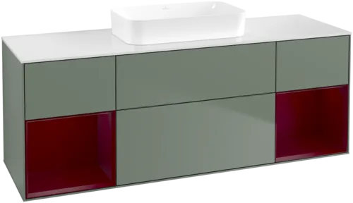 VILLEROY BOCH Toaletní skříňka Finion, s osvětlením, 4 výsuvy, 1600 x 603 x 501 mm, olivový matný lak / pivoňkový matný lak / bílé matné sklo #F741HBGM