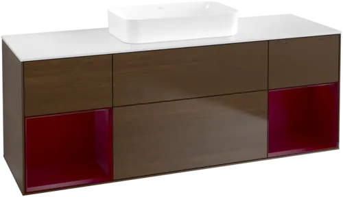 VILLEROY BOCH Toaletní skříňka Finion, s osvětlením, 4 výsuvy, 1600 x 603 x 501 mm, ořechová dýha / matný lak Pivoňka / matné bílé sklo #F741HBGN