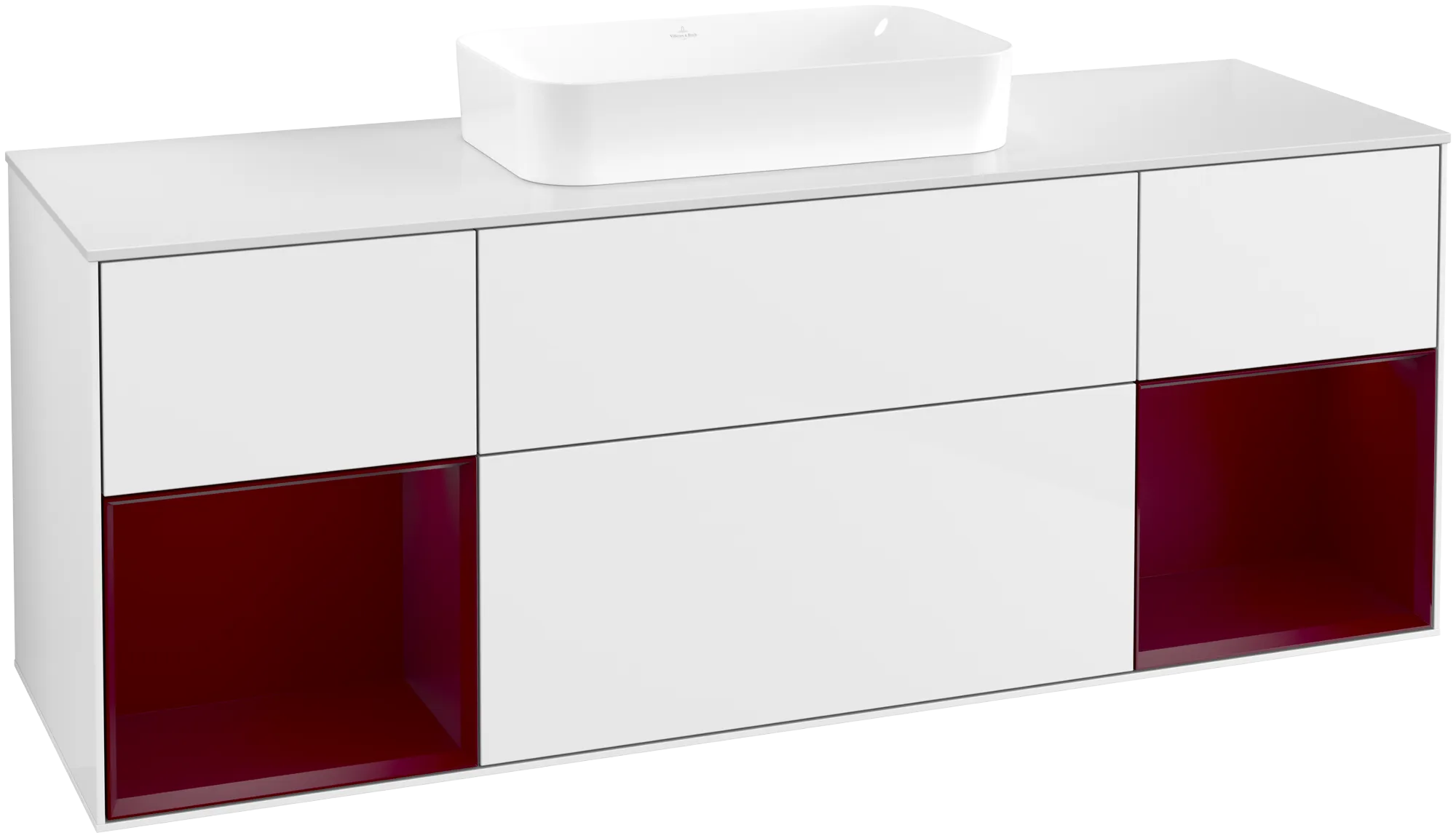VILLEROY BOCH Toaletní skříňka Finion, s osvětlením, 4 výsuvy, 1600 x 603 x 501 mm, lesklý bílý lak / matný lak Pivoňka / matné bílé sklo #F741HBGF