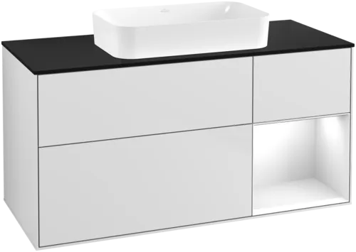 VILLEROY BOCH Toaletní skříňka Finion, s osvětlením, 3 výsuvy, 1200 x 603 x 501 mm, bílý matný lak / bílý lesklý lak / černé matné sklo #F712GFMT