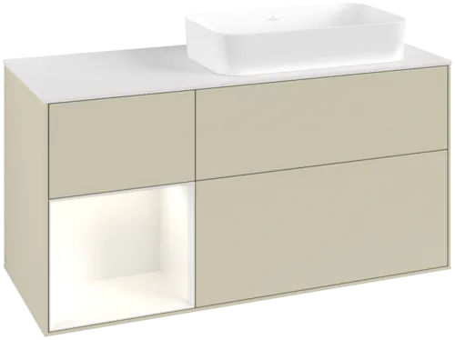 VILLEROY BOCH Toaletní skříňka Finion, s osvětlením, 3 výsuvy, 1200 x 603 x 501 mm, hedvábně šedý matný lak / lesklý bílý lak / bílé matné sklo #F681GFHJ