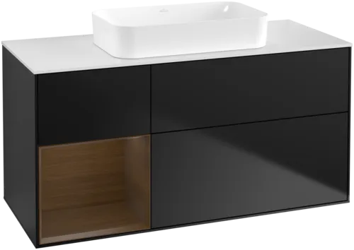 VILLEROY BOCH Toaletní skříňka Finion, s osvětlením, 3 výsuvy, 1200 x 603 x 501 mm, černý matný lak / ořechová dýha / bílé matné sklo #F701GNPD