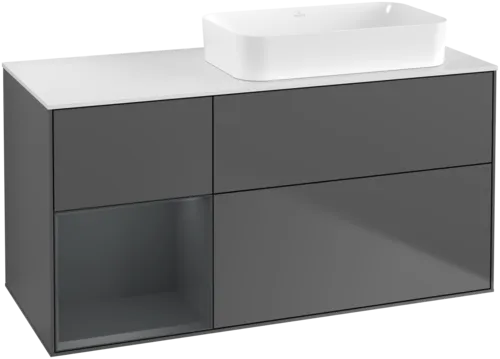 VILLEROY BOCH Toaletní skříňka Finion, s osvětlením, 3 výsuvy, 1200 x 603 x 501 mm, antracitový matný lak / půlnoční modrý matný lak / bílé matné sklo #F681HGGK
