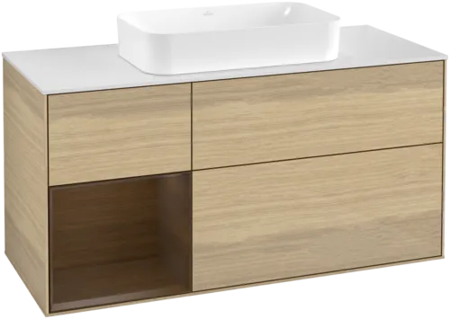 VILLEROY BOCH Toaletní skříňka Finion, s osvětlením, 3 výsuvy, 1200 x 603 x 501 mm, dubová dýha / ořechová dýha / sklo bílé matné #F701GNPC
