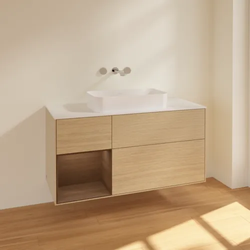 VILLEROY BOCH Toaletní skříňka Finion, s osvětlením, 3 výsuvy, 1200 x 603 x 501 mm, dubová dýha / ořechová dýha / sklo bílé matné #F701GNPC, obrázek 2