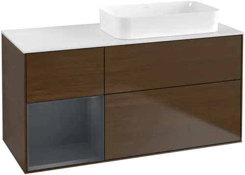VILLEROY BOCH Toaletní skříňka Finion, s osvětlením, 3 výsuvy, 1200 x 603 x 501 mm, ořechová dýha / půlnočně modrý matný lak / sklo bílé matné #F681HGGN