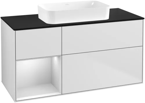 VILLEROY BOCH Toaletní skříňka Finion, s osvětlením, 3 výsuvy, 1200 x 603 x 501 mm, bílý matný lak / bílý matný lak / černé matné sklo #F702MTMT