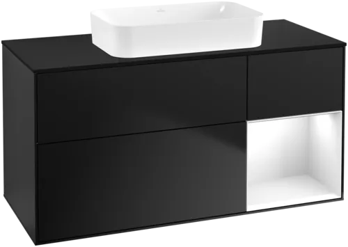VILLEROY BOCH Toaletní skříňka Finion, s osvětlením, 3 výsuvy, 1200 x 603 x 501 mm, černý matný lak / bílý lesklý lak / černé matné sklo #F712GFPD