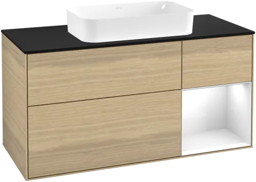 VILLEROY BOCH Toaletní skříňka Finion, s osvětlením, 3 výsuvy, 1200 x 603 x 501 mm, dubová dýha / lesklý bílý lak / černé matné sklo #F712GFPC