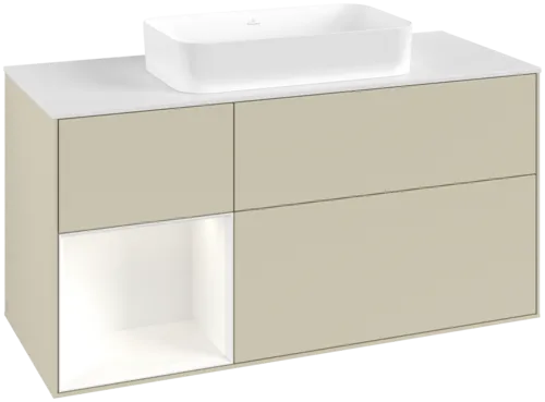 VILLEROY BOCH Toaletní skříňka Finion, s osvětlením, 3 výsuvy, 1200 x 603 x 501 mm, Silk Grey Matt Lacquer / White Matt Lacquer / Glass White Matt #F701MTHJ