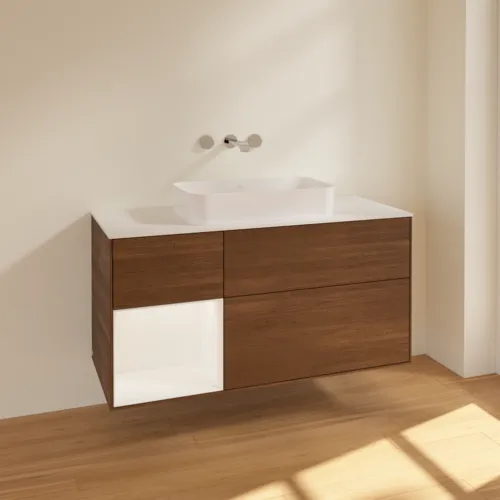 VILLEROY BOCH Toaletní skříňka Finion, s osvětlením, 3 výsuvy, 1200 x 603 x 501 mm, ořechová dýha / bílý matný lak / bílé matné sklo #F701MTGN, obrázek 2