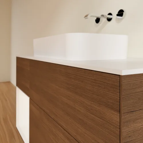 VILLEROY BOCH Toaletní skříňka Finion, s osvětlením, 3 výsuvy, 1200 x 603 x 501 mm, ořechová dýha / bílý matný lak / bílé matné sklo #F701MTGN, obrázek 4