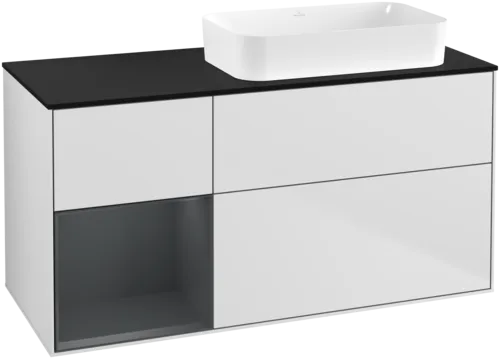 VILLEROY BOCH Toaletní skříňka Finion, s osvětlením, 3 výsuvy, 1200 x 603 x 501 mm, bílý matný lak / půlnoční modrý matný lak / černé matné sklo #F682HGMT