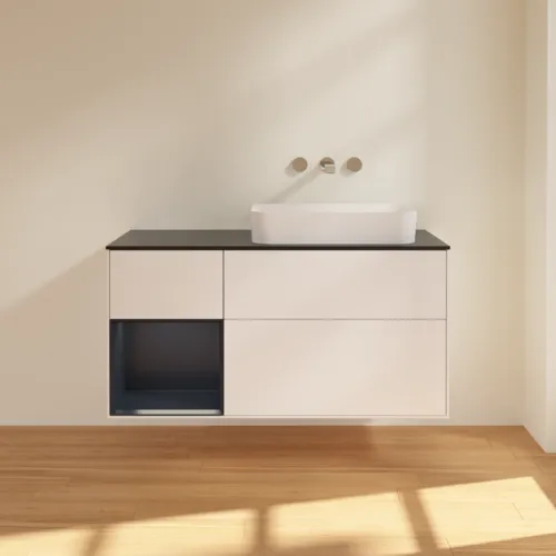 VILLEROY BOCH Toaletní skříňka Finion, s osvětlením, 3 výsuvy, 1200 x 603 x 501 mm, bílý matný lak / půlnoční modrý matný lak / černé matné sklo #F682HGMT, obrázek 2