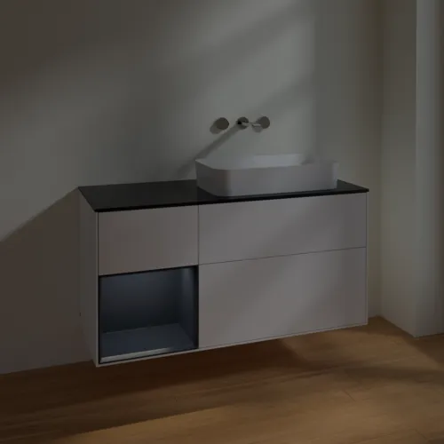 VILLEROY BOCH Toaletní skříňka Finion, s osvětlením, 3 výsuvy, 1200 x 603 x 501 mm, bílý matný lak / půlnoční modrý matný lak / černé matné sklo #F682HGMT, obrázek 3