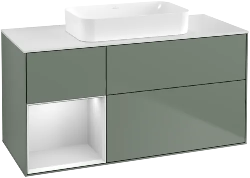 VILLEROY BOCH Toaletní skříňka Finion, s osvětlením, 3 výsuvy, 1200 x 603 x 501 mm, olivový matný lak / bílý matný lak / bílé matné sklo #F701MTGM