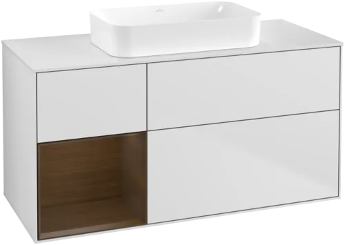 VILLEROY BOCH Toaletní skříňka Finion, s osvětlením, 3 výsuvy, 1200 x 603 x 501 mm, bílý matný lak / ořechová dýha / sklo bílé matné #F701GNMT