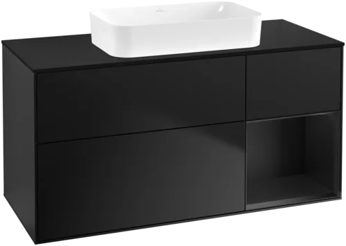 VILLEROY BOCH Toaletní skříňka Finion, s osvětlením, 3 výsuvy, 1200 x 603 x 501 mm, černý matný lak / černý matný lak / černé matné sklo #F712PDPD