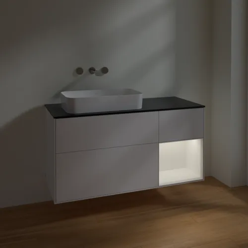 VILLEROY BOCH Toaletní skříňka Finion, s osvětlením, 3 výsuvy, 1200 x 603 x 501 mm, bílý matný lak / bílý matný lak / černé matné sklo #F692MTMT, obrázek 4
