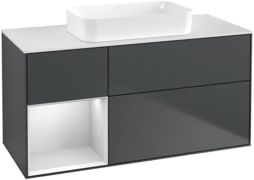 VILLEROY BOCH Toaletní skříňka Finion, s osvětlením, 3 výsuvy, 1200 x 603 x 501 mm, Midnight Blue Matt Lacquer / White Matt Lacquer / Glass White Matt #F701MTHG