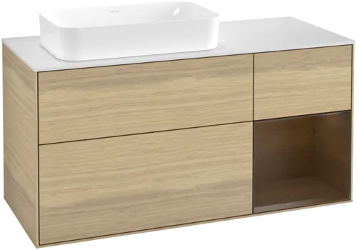 VILLEROY BOCH Toaletní skříňka Finion, s osvětlením, 3 výsuvy, 1200 x 603 x 501 mm, dubová dýha / ořechová dýha / sklo bílé matné #F691GNPC