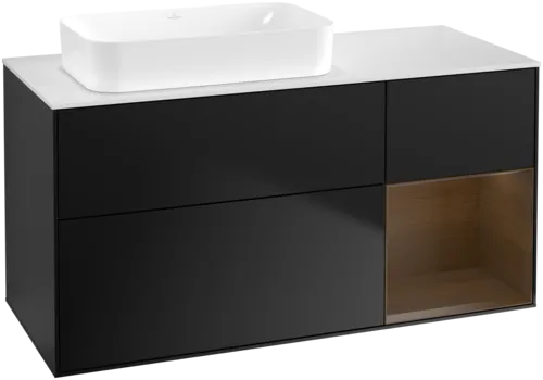VILLEROY BOCH Toaletní skříňka Finion, s osvětlením, 3 výsuvy, 1200 x 603 x 501 mm, černý matný lak / ořechová dýha / bílé matné sklo #F691GNPD