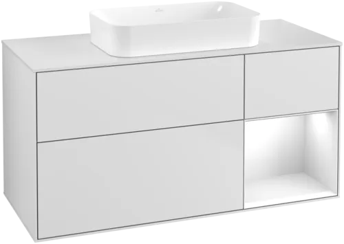 VILLEROY BOCH Umyvadlová skříňka Finion, s osvětlením, 3 výsuvy, 1200 x 603 x 501 mm, bílý matný lak / bílý lesklý lak / bílé matné sklo #F711GFMT