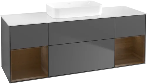 VILLEROY BOCH Toaletní skříňka Finion, s osvětlením, 4 výsuvy, 1600 x 603 x 501 mm, antracit matný lak / ořechová dýha / sklo bílé matné #F741GNGK