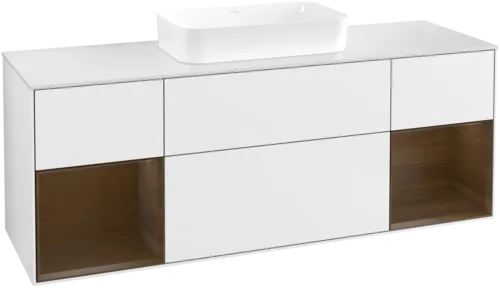 VILLEROY BOCH Toaletní skříňka Finion, s osvětlením, 4 výsuvy, 1600 x 603 x 501 mm, lesklý bílý lak / ořechová dýha / sklo bílé matné #F741GNGF