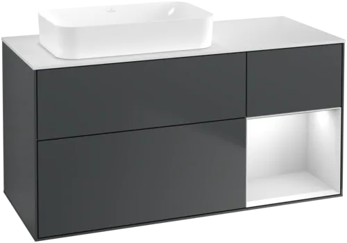 VILLEROY BOCH Toaletní skříňka Finion, s osvětlením, 3 výsuvy, 1200 x 603 x 501 mm, Midnight Blue Matt Lacquer / White Matt Lacquer / Glass White Matt #F691MTHG